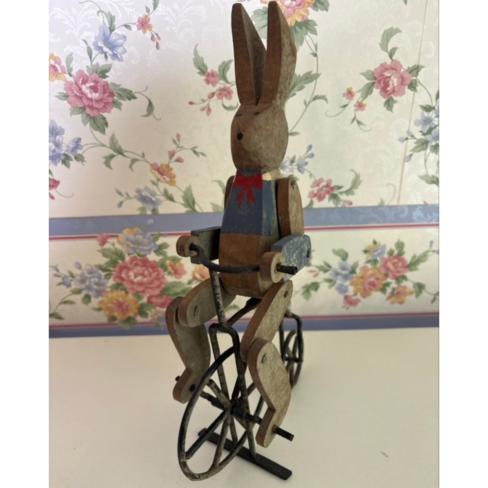 Vintage Style Wood Folk Art Bunny Rabbit on Tricycle Figurine Easter Decor 12in